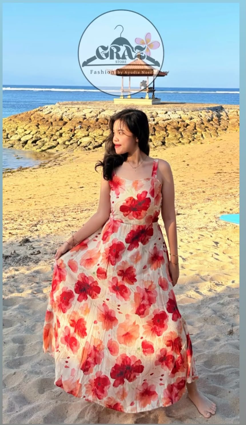Graz Store Bali floral beach dress on a Bali beach