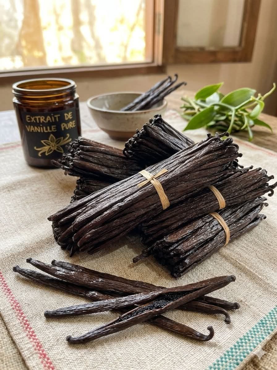 Bundles of Indonesian vanilla beans with vanilla extract